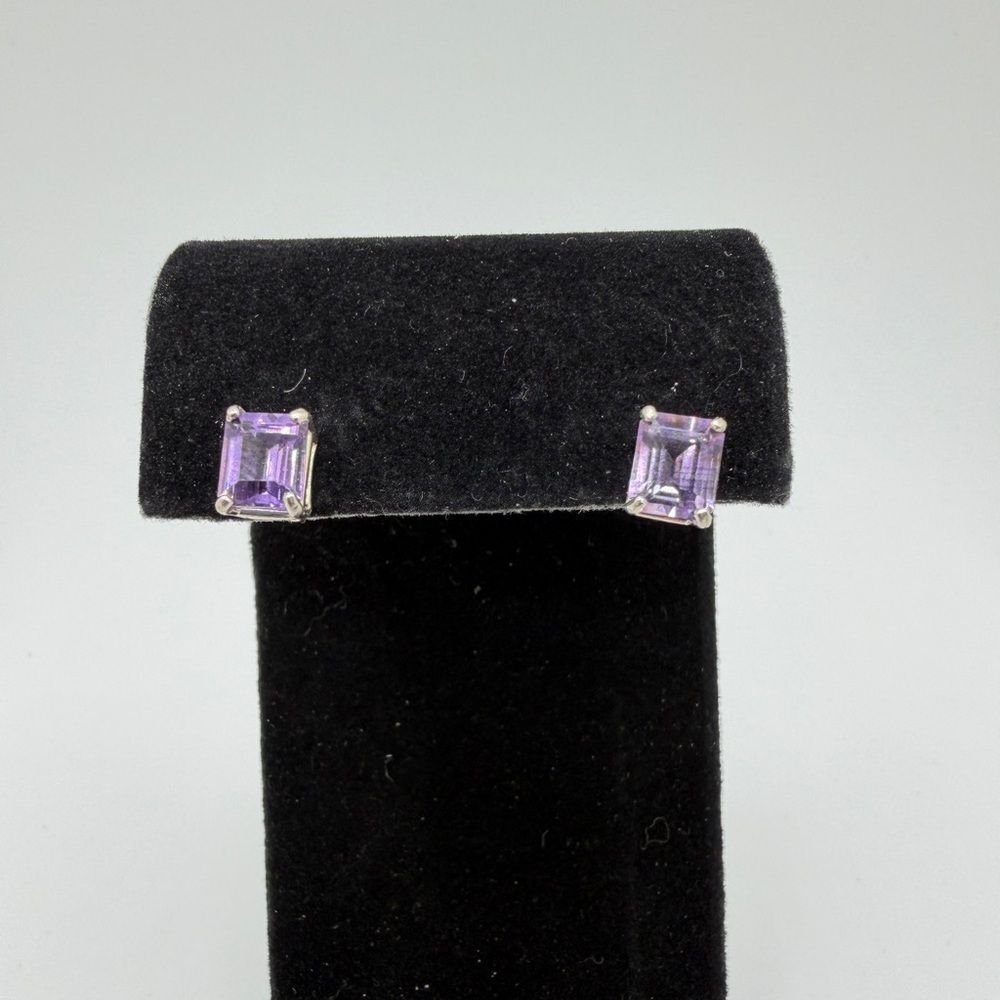 NWOT genuine 7x6mm emerald cut Amethyst stud earrings in sterling silver!